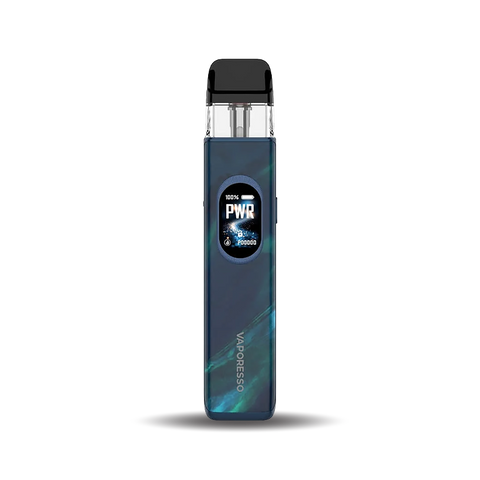A Vaporesso vape device in a dark blue and teal gradient finish with a black mouthpiece and a digital display showing '100% PWR'.