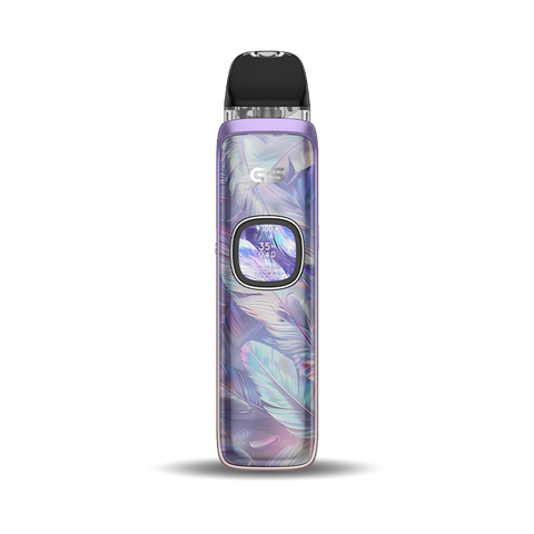 A G5 vape device featuring a purple and iridescent feather pattern, with a black mouthpiece and a central power button, shown on a white background with a soft shadow.