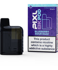 A black vape pod with a purple carton labeled ‘Blueberry Sour Razz’ by Pixl 8000.