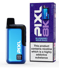 A blue vape device with a same colour carton labeled ‘Blueberry Sour Razz’ by Pixl 8000.