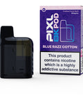 A black vape pod with a purple carton labeled ‘Blue Razz Cotton’ by Pixl 8000.