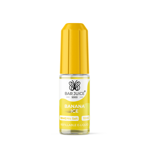 Yellow e-liquid bottle labeled 'Banana Ice - 10mg' by Bar Juice 5000 on a white background.