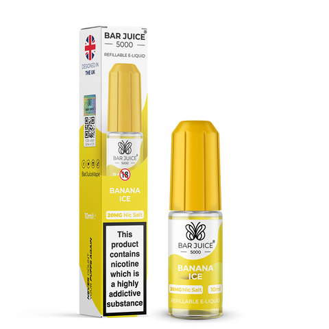 Yellow e-liquid bottle and carton labeled 'Banana Ice - 20mg' by Bar Juice 5000 on a white background.