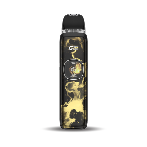 A vertical vape device with a black and gold smoke pattern, featuring a digital screen on the front and a clear mouthpiece at the top, set against a plain white background.