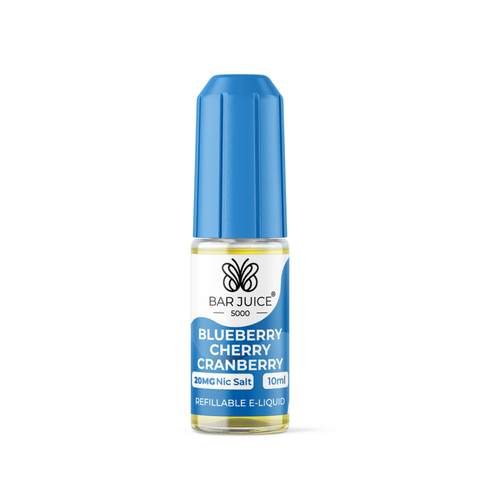 Blue e-liquid bottle labeled 'Blueberry Cherry Cranberry - 20mg' by Bar Juice 5000 on a white background.