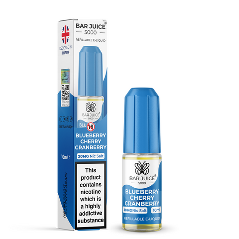 Blue e-liquid bottle and carton labeled 'Blueberry Cherry Cranberry - 20mg' by Bar Juice 5000 on a white background.