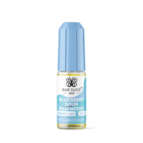 Blue e-liquid bottle labeled 'Blueberry Sour Raspberry - 10mg' by Bar Juice 5000 on a white background.