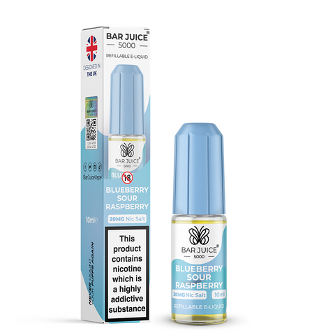 Blue e-liquid bottle and carton labeled 'Blueberry Sour Raspberry - 20mg' by Bar Juice 5000 on a white background.