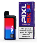 A red and blue vape device with a same colour carton labeled ‘Cherry Ice’ by Pixl 8000.