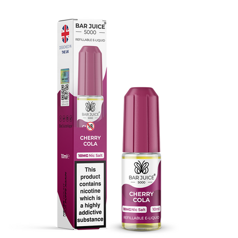 Purple e-liquid bottle and carton labeled 'Cherry Cola - 10mg' by Bar Juice 5000 on a white background.