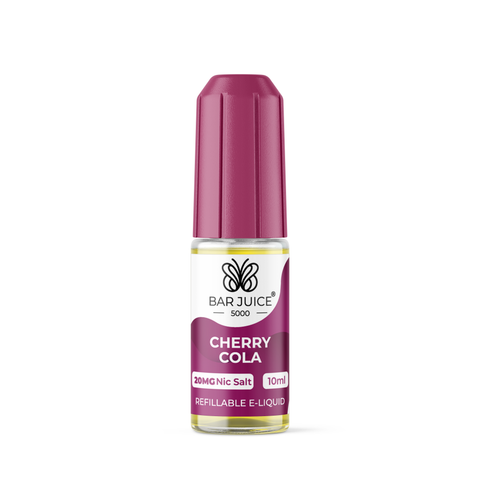 Purple e-liquid bottle labeled 'Cherry Cola - 20mg' by Bar Juice 5000 on a white background.
