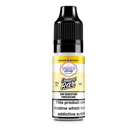 Dinner Lady Dessert Bar vape juice bottle with yellow label on a white background