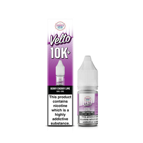A bottle of Velto 10K+ e-liquid next to its purple and white packaging box, featuring a Berry Cherry Lime flavor and a prominent nicotine warning label.