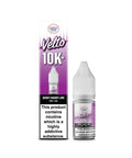 A bottle of Velto 10K+ e-liquid next to its purple and white packaging box, featuring a Berry Cherry Lime flavor and a prominent nicotine warning label.