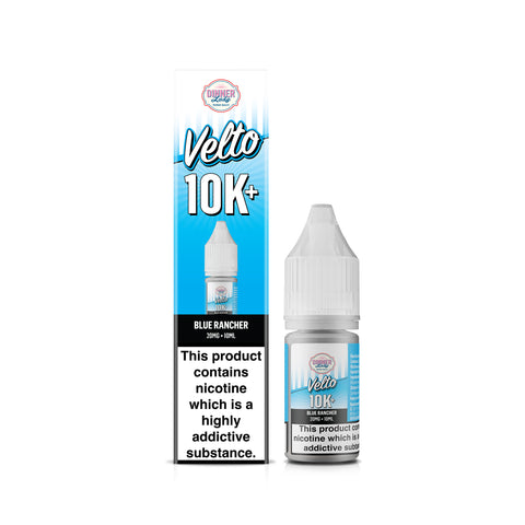 A bottle of Velo 10K+ Blue Rancher e-liquid next to its retail packaging box, featuring a white and blue design with a prominent nicotine warning label.