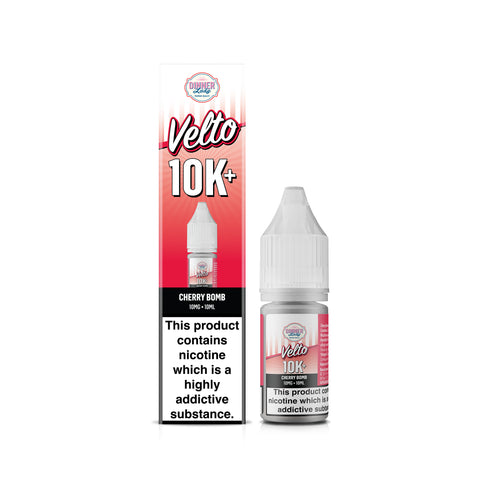 Velto 10K+ Cherry Bomb e-liquid by Sugarfina, showing the retail box and the 10ml bottle side-by-side on a white background.