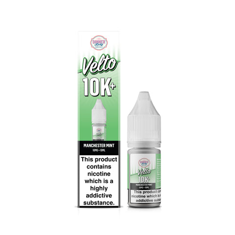 Velto 10K+ Manchester Mint e-liquid 10ml bottle next to its green and white packaging box, featuring a prominent nicotine warning label.
