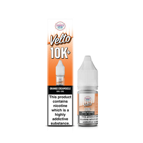 Velto 10K+ Orange Creamsicle e-liquid shown with its retail box and bottle on a plain white background. The packaging features orange and white graphics with a prominent nicotine warning label.