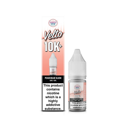 A bottle of Velto 10K+ e-liquid next to its retail box, featuring a peach and pink color scheme with a prominent nicotine warning label.