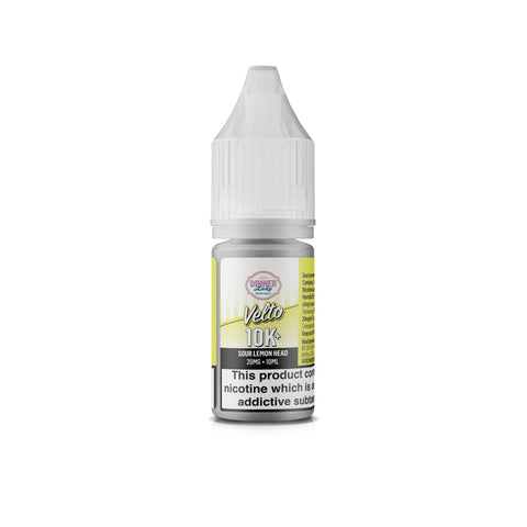 A small bottle of Velti 10K Sour Lemon Head e-liquid by Vapox, featuring a white child-resistant cap and a label with yellow and white sections, set against a plain white background.