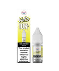 A bottle of Velto 10K+ e-liquid next to its retail box on a plain white background. The packaging features a bright yellow-to-white gradient with the brand name 'Velto' and flavor 'Sour Lemon Head'.