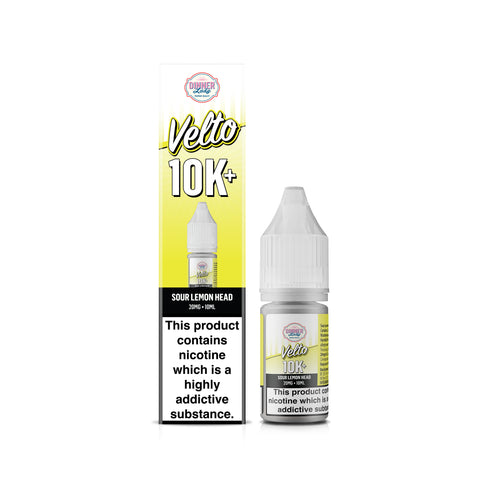 A bottle of Velto 10K+ e-liquid next to its retail box on a plain white background. The packaging features a bright yellow-to-white gradient with the brand name 'Velto' and flavor 'Sour Lemon Head'.
