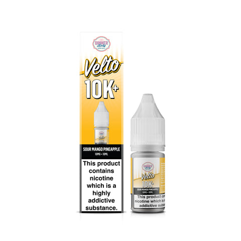A bottle of Velto 10K+ e-liquid next to its packaging box on a plain white background. The box is yellow and white with a picture of the bottle and a prominent nicotine warning label.