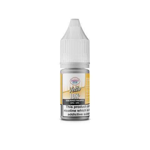 A small bottle of Velti 10K Sim Pango Pineapple e-liquid by Venum Brands, featuring a white child-resistant cap and a yellow and white label, set against a plain white background.