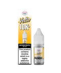 A bottle of Velto 10K+ e-liquid next to its packaging box, featuring a Sour Mango Pineapple flavor. The packaging is yellow and white with a prominent nicotine warning label, and the bottle has a white cap.