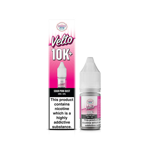 A bottle of Velto 10K+ e-liquid next to its retail box on a white background. The packaging features a vibrant pink and white design with a prominent nicotine warning label.