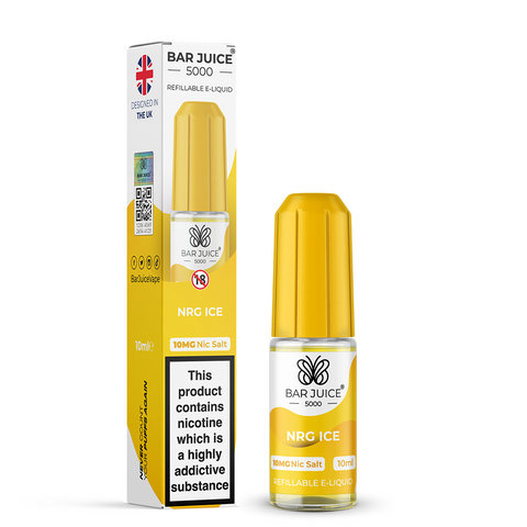 Yellow e-liquid bottle and carton labeled 'NRG - 10mg' by Bar Juice 5000 on a white background.