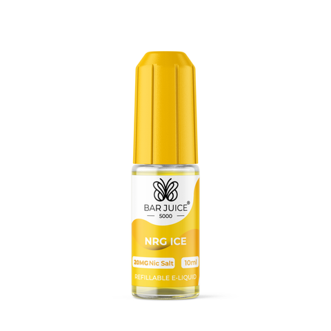 Yellow e-liquid bottle labeled 'NRG - 20mg' by Bar Juice 5000 on a white background.
