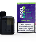 A black vape pod with a purple carton labeled ‘Fresh Mint’ by Pixl 8000.