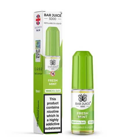 Green e-liquid bottle and carton labeled 'Fresh Mint - 10mg' by Bar Juice 5000 on a white background.