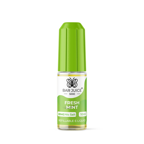 Green e-liquid bottle labeled 'Fresh Mint - 20mg' by Bar Juice 5000 on a white background.