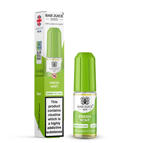Green e-liquid bottle and carton labeled 'Fresh Mint - 20mg' by Bar Juice 5000 on a white background.