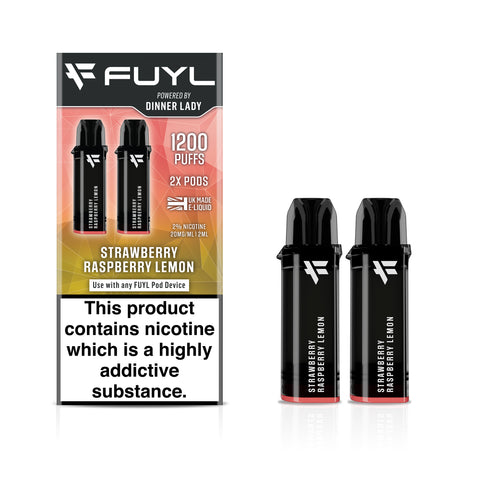 Fuyl Strawberry Raspberry Lemon vape device packaging with two black pods on a white background.