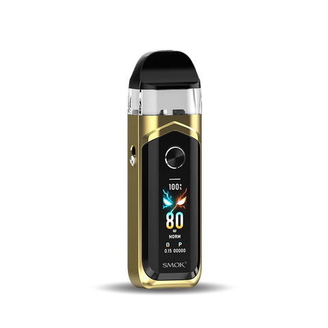 A SMOK pod mod vape device in black and gold, featuring a digital display screen on the front, set against a plain white background with a soft shadow underneath.