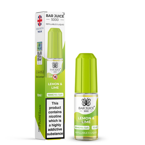 Green e-liquid bottle and carton labeled 'Lemon & Lime - 10mg' by Bar Juice 5000 on a white background.