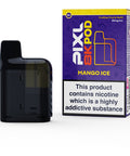 A black vape pod with a purple carton labeled ‘Mango Ice’ by Pixl 8000.