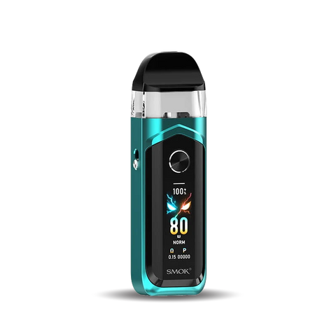 SMOK vape device in a teal and black colorway, featuring a digital display screen showing battery and flavor indicators, set against a plain white background.