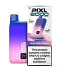 A purple and blue vape device with a white carton labeled ‘Blue Razz Cotton’ by Pixl 8000.