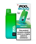A green and blue vape device with a white carton labeled ‘Fresh Mint’ by Pixl 8000.