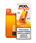 A orange and yellow vape device with a white carton labeled ‘Mango Ice’ by Pixl 8000.