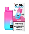 A pink and blue vape device with a white carton labeled ‘Pixl Dust’ by Pixl 8000.