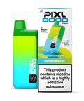 A green and blue vape device with a white carton labeled ‘Rainbow Rush’ by Pixl 8000.