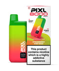 A yellow and pink vape device with a white carton labeled ‘Stawberry Kiwi Razz’ by Pixl 8000.