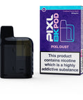 A black vape pod with a purple carton labeled ‘Pixl Dust’ by Pixl 8000.