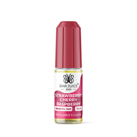 Red e-liquid bottle labeled 'Strawberry Cherry Raspberry - 10mg' by Bar Juice 5000 on a white background.