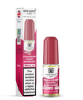 Red e-liquid bottle and carton labeled 'Strawberry Cherry Raspberry - 10mg' by Bar Juice 5000 on a white background.